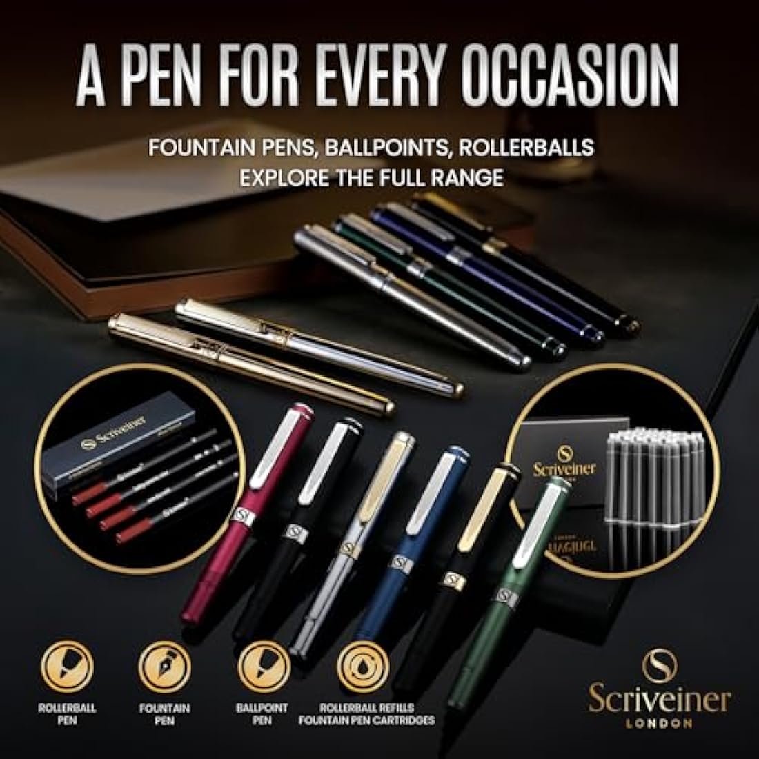 Scriveiner Fountain Pen - Very Dark British Racing Green, Stunning Luxury Pen, Chrome Finish, Schmidt Nib (Fine), Best Pen Gift Set for Men & Women, Professional, Executive, Office, Nice Pens
