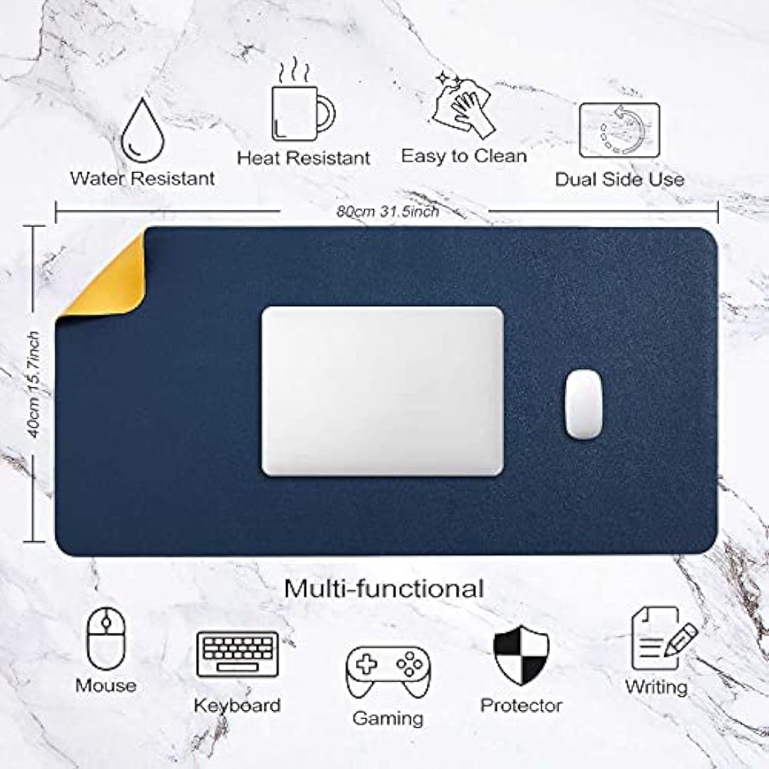 Desk Pad Large, Desk Mat, Extended Mouse Mat, Mouse Pad XL, Desk Blotter, DOBAOJIA Laptop Pad Writing Pad for Office/Home, Dual-Side Use PU Leather Waterproof 31.5" X 15.7" (Navy Blue/Yellow)