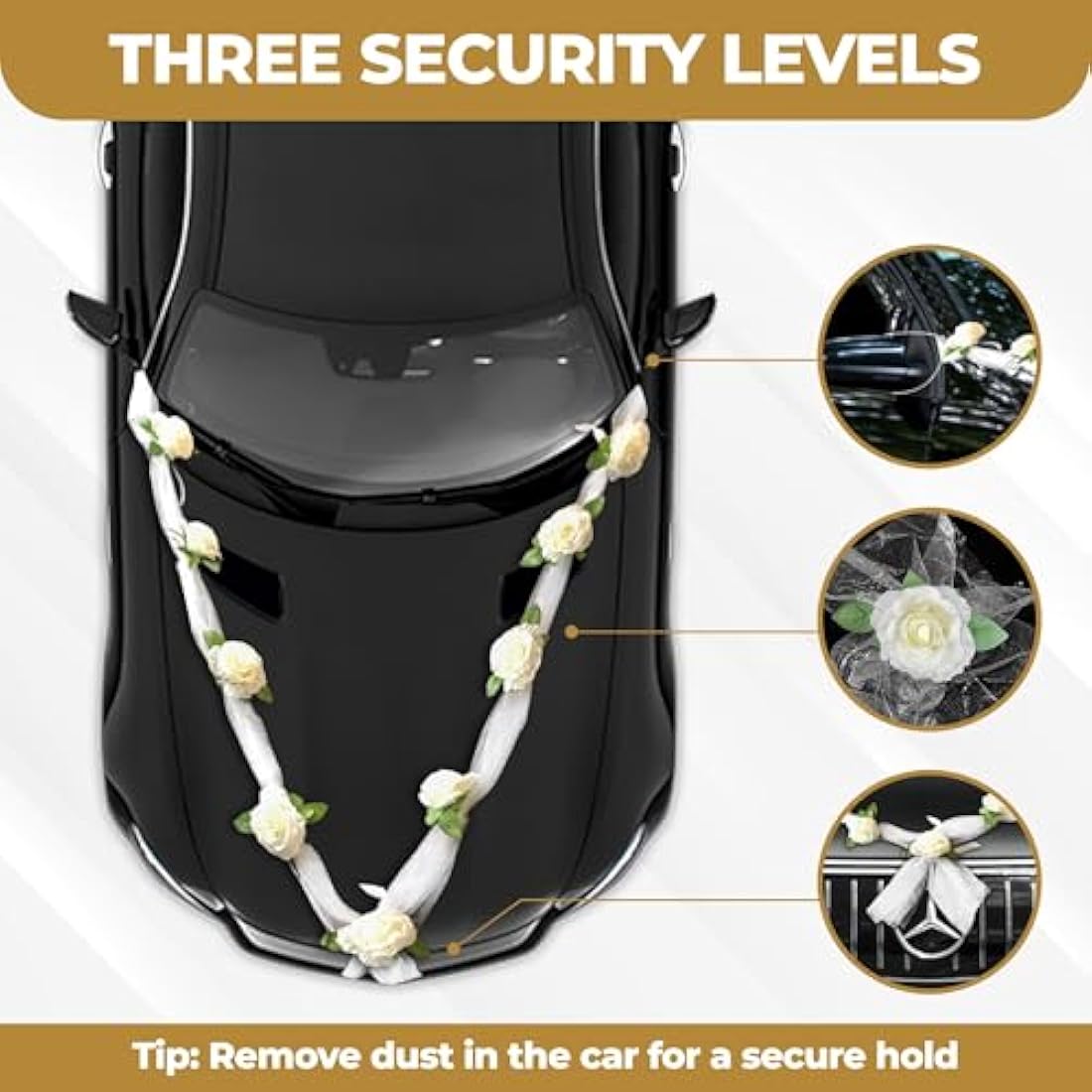 Nueva Vida Wedding Car Decoration, Silk Flowers for Your Wedding Car - 2 x 180 cm Garland for the Bonnet, Including 4 Door Handle Ribbons