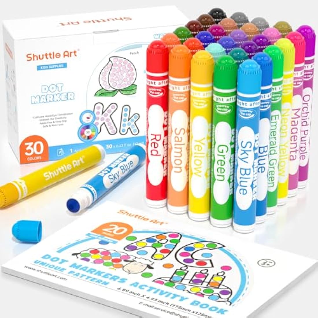Shuttle Art Bingo Dabbers, 30 Colours Bingo Pens with Activity Book, Washable Dot Markers for Kids Toddlers, Non-Toxic Water Based Markers for Children Preschool Learning