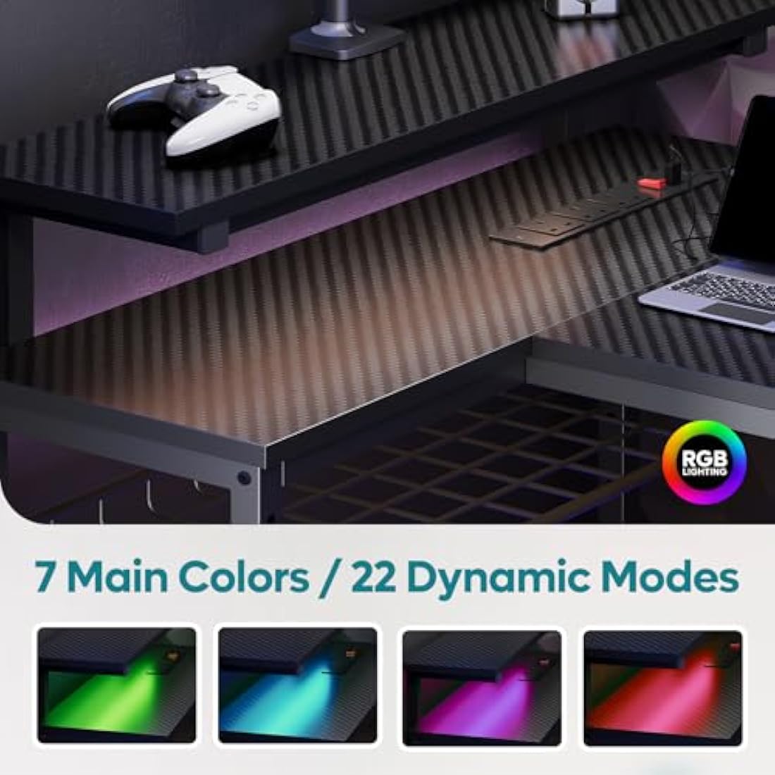 Bestier 147CM L-Shaped Gaming Desk with RGB Lights & Power Outlets, Reversible Corner PC Workstation with Storage & Hooks for Gamers or Home Office