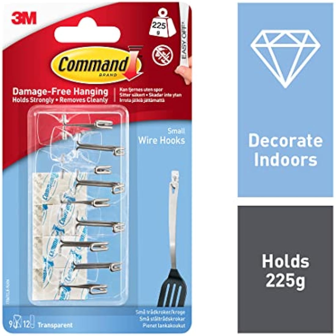 Command Clear Wire Hanger Hook, Value Pack of 9 Hooks and 12 Adhesive Strips, Transparent - Damage Free Hanging - Holds up to 225 gm