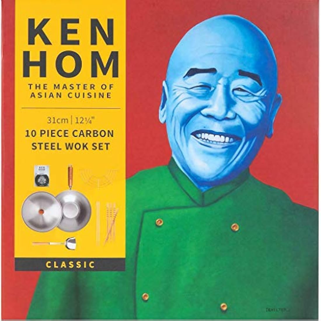 Ken Hom Carbon Steel Wok Set, 31cm, Classic, Non-Induction/Natural Patina Non-Stick/Wooden Handle, Includes Wok Pan with Lid, Wok Utensils & Recipe Book