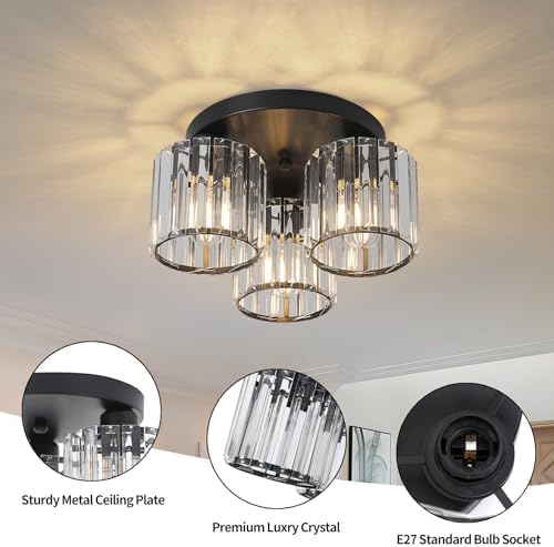 ZYDTRIP Crystal Chandeliers Ceiling Lights, 3-Lights Crystal Ceiling Lighting Living Room, Modern Black Semi Flush Mount Light Fittings for Bedroom, Hallway, Bathroom, Foyer, Kitchen Light Fixture