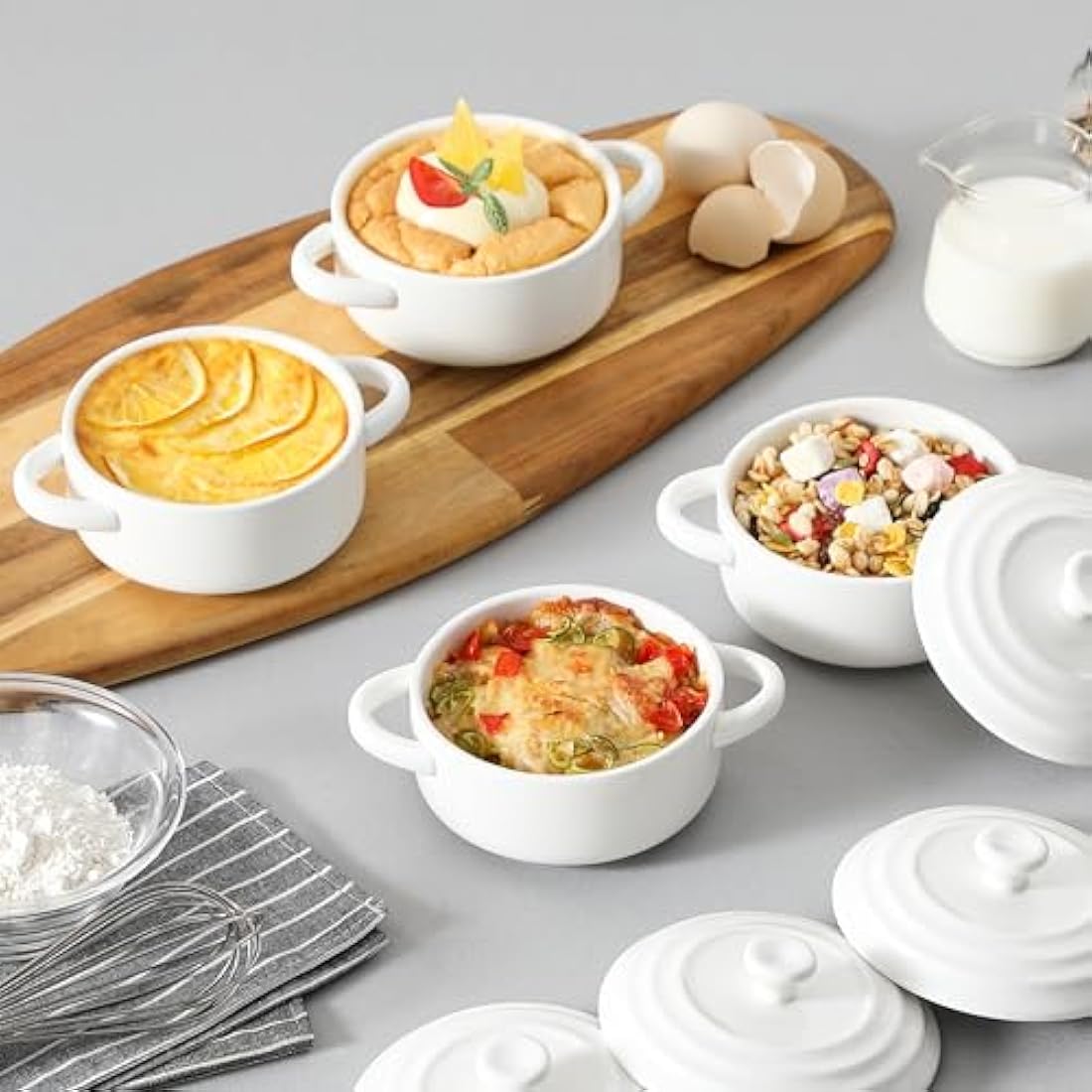 MALACASA Casserole Dishes for the Oven, 440ML 4.8" Small Porcelain Ramekins with Handle and Lid, White Mini Cocotte of 4, Ceramic Dutch Oven Set for Lasagna, Soufflé, Soup, Oven Proof Bakeware