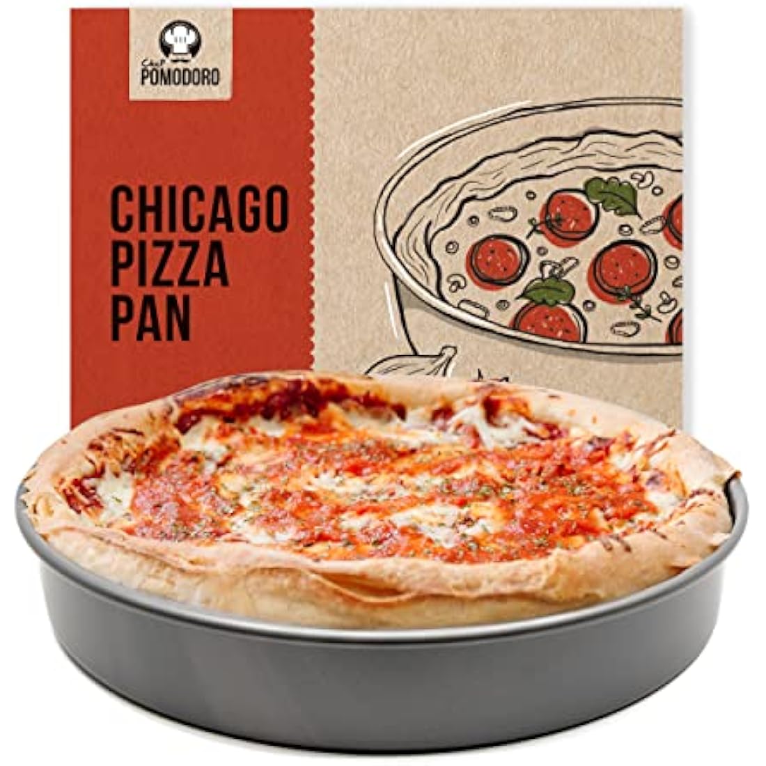 Chef Pomodoro Chicago Deep Dish Pizza Pan 12 Inch, Hard Anodized Aluminum Pizza Pan for Oven, Pre-Seasoned Bakeware Kitchenware, Non-Stick Round Pizza Pans 12-Inch (30 cm)