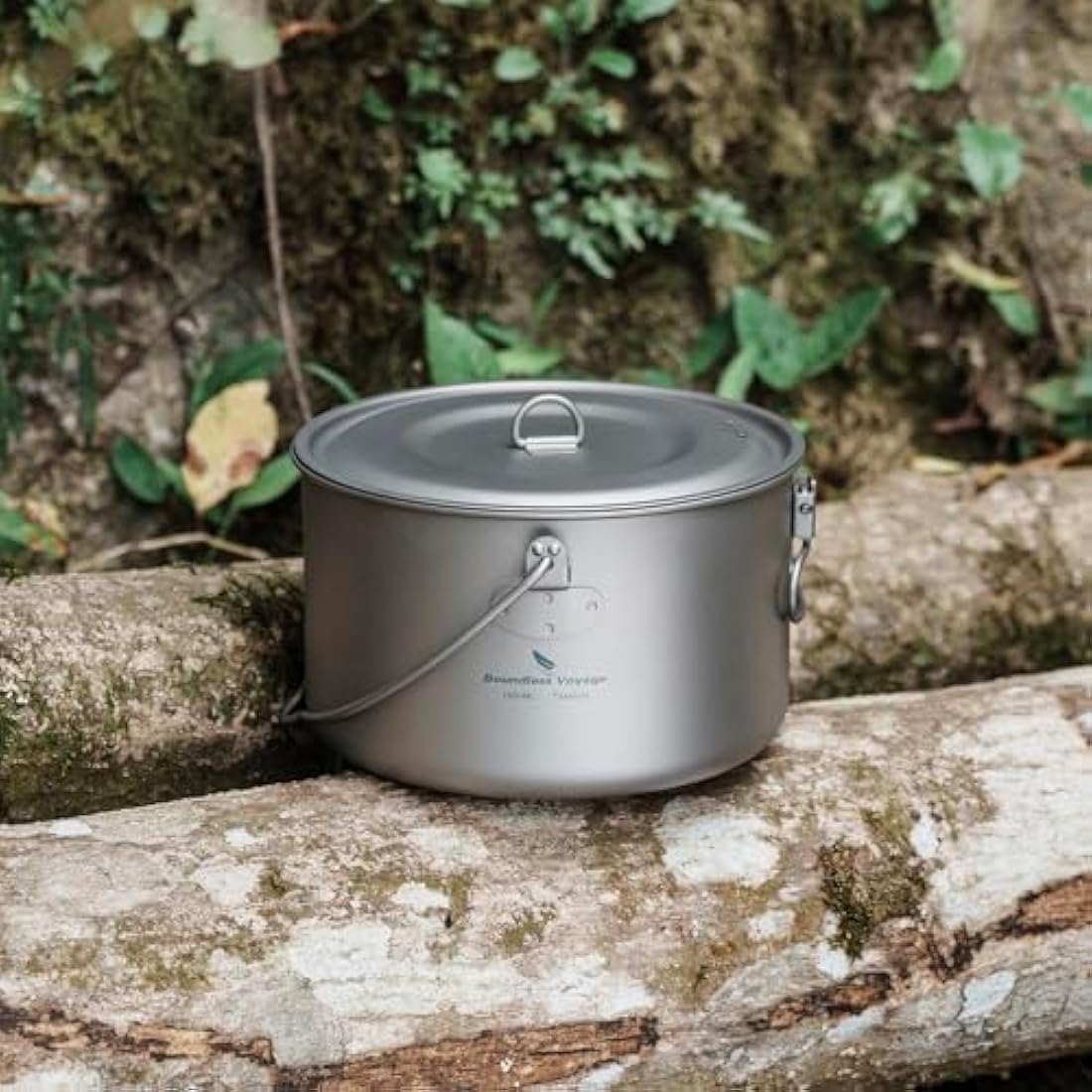 Boundless Voyage Outdoor Titanium Pot with Lid Folding Bail Handle Camping Hiking Picnic Ultralight Portable Water Bottle Cup Mug Spork Set 1950ml Pan