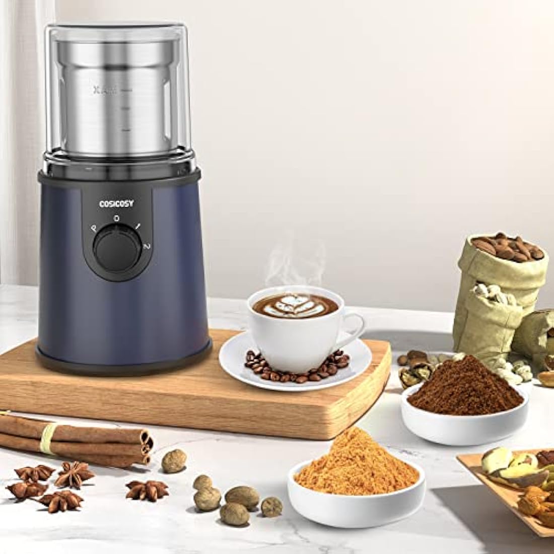 Coffee Grinder Electric, COSICOSY Electric Spice Grinder with 304 Stainless Steel Blades Removable Bowls,350W Motor Coffee Bean Machine with Spoon Brush for Coffee Beans, Nuts, Pepper, Navy Blue