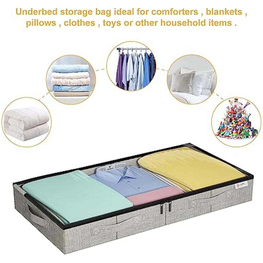 Underbed Storage Bags, Under Bed Storage Box with Reinforced Handle and Lid, Sturdy Sidewalls/Bottom for Clothes, Duvets, Comforters, Blanket, Bedding Thick Fabric with Clear Window, 2Pack