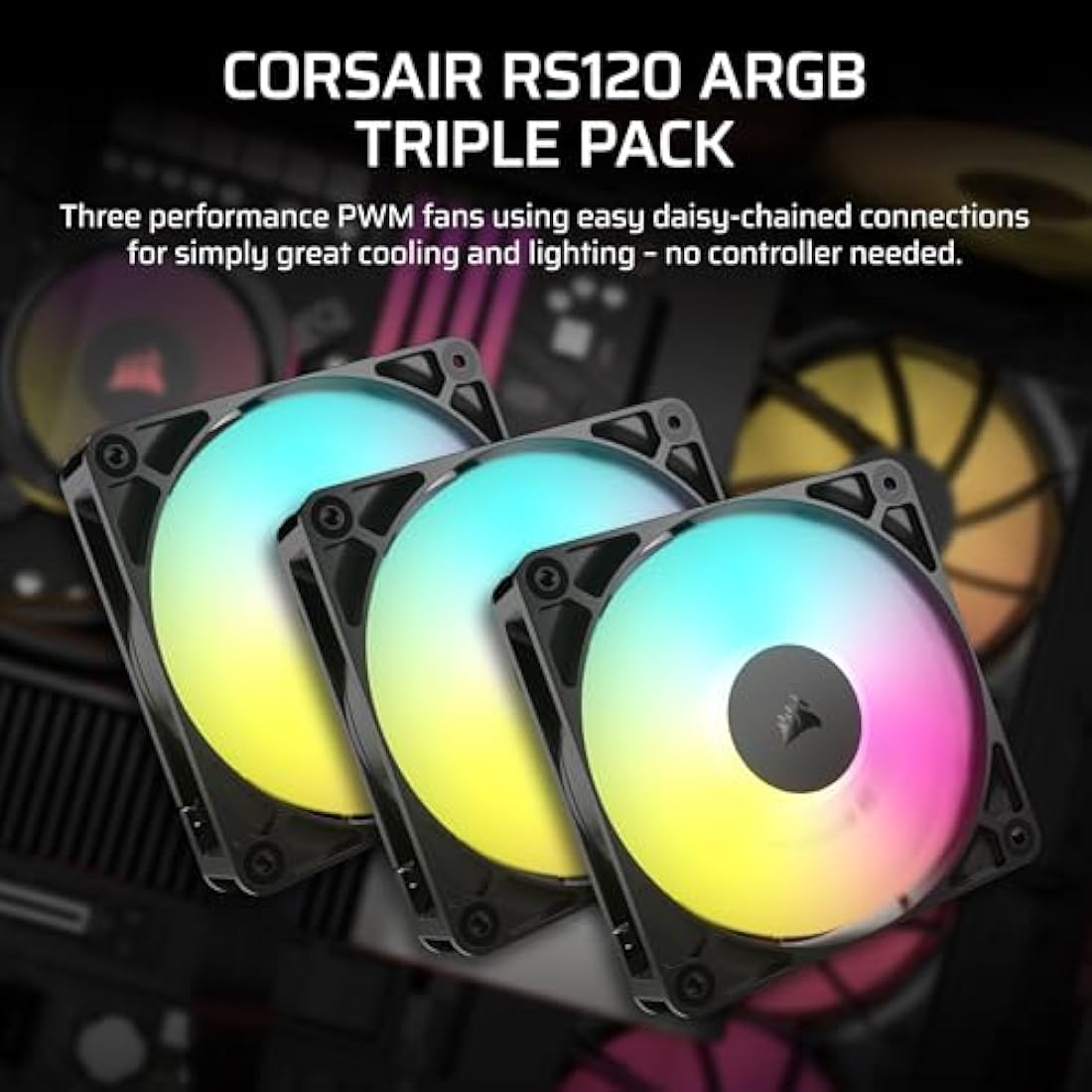 Corsair RS120 ARGB 120mm PWM Fans – Daisy-Chain Connection – Low-Noise – Magnetic Dome Bearing – Triple Pack – Black