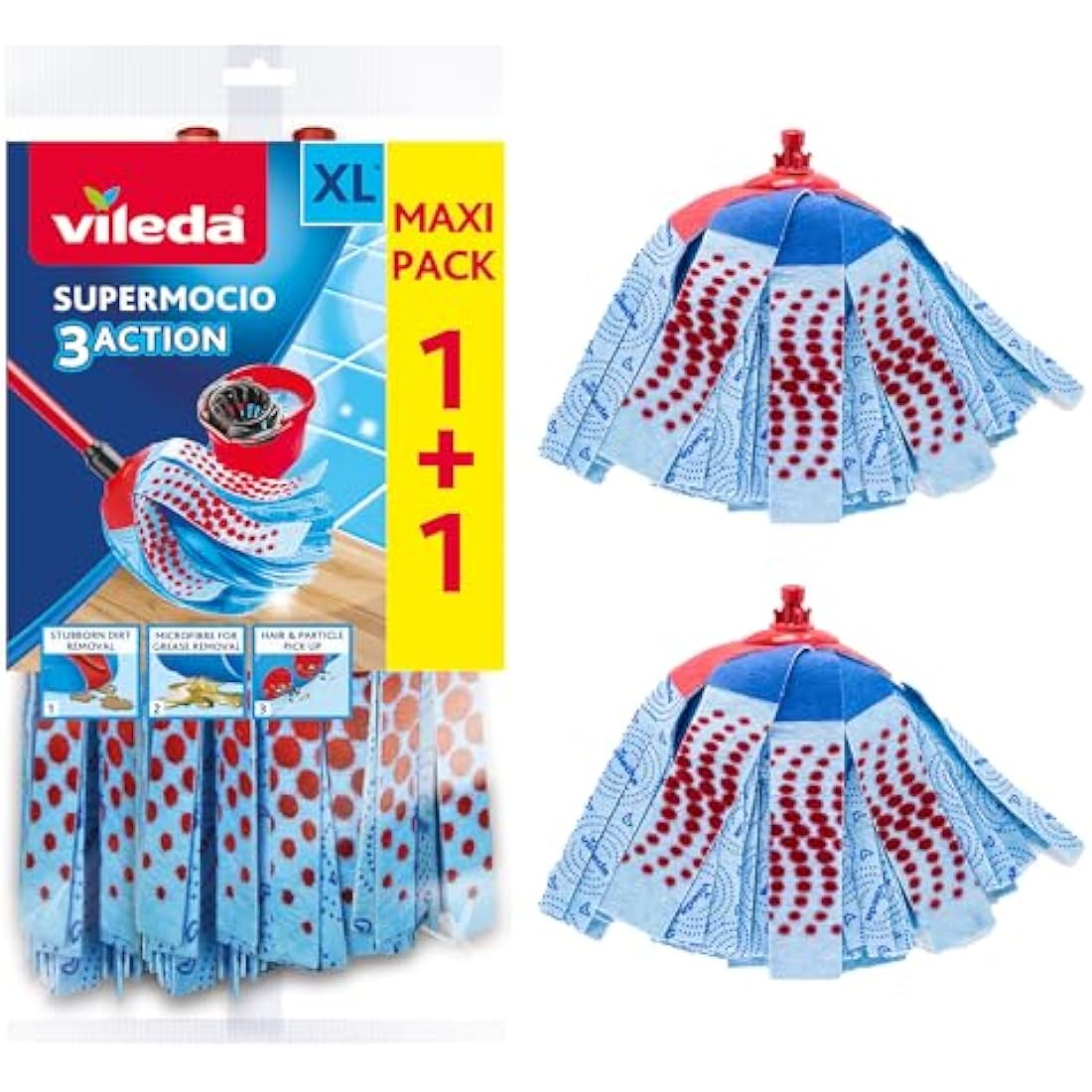 Vileda SuperMocio 3Action XL Mop Refill - Pack of 2 - Fits all SuperMocio Mops- Authentic Vileda Mop Head Replacement - Machine Washable - Advanced Microfibre Technology