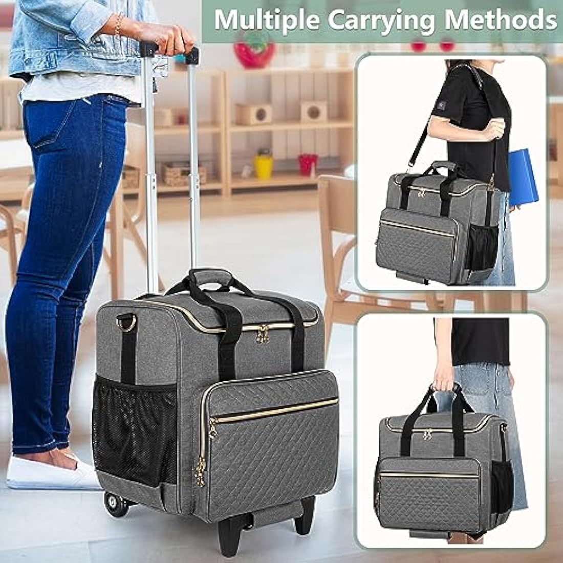 Luxja Rolling Teacher Bag with Laptop Compartment and Detachable Dolly, Multifunctional Rolling Teacher Tote Bag (Bag Only), Grey