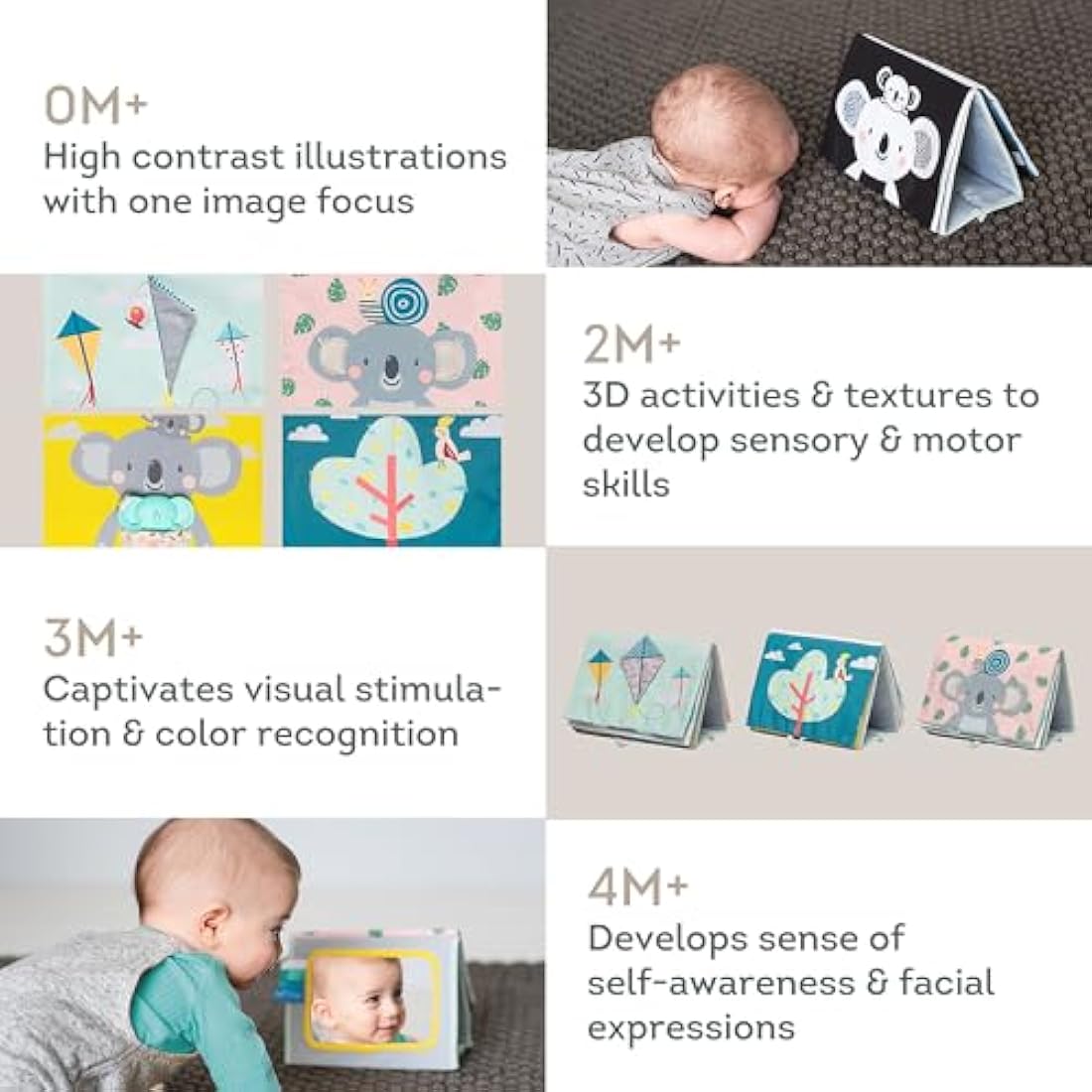 Taf Toys Koala Tummy Time Baby Book – Double-Sided Sensory Cloth Activity Book with Mirror, Crinkle Textures & Teether | Soft Developmental Toy for Newborns 0 Months+