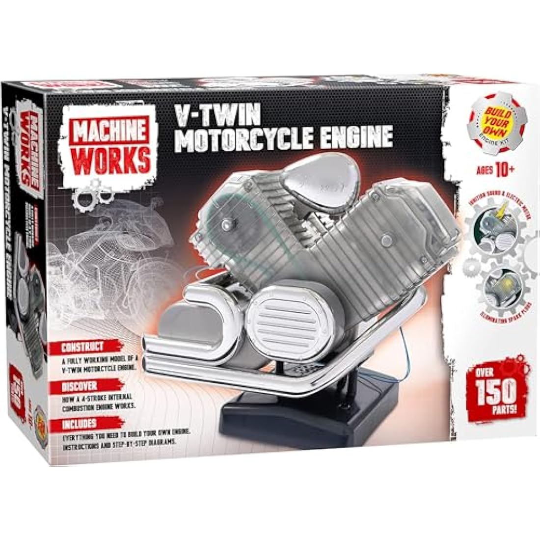 Machine Works Bulld Your Own V-Twin Motorcycle Engine Toy - Replica Model Building Kit - Features Sounds and Illumination, 150+ Pieces, 10+ Years