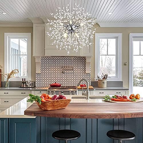 PIAOPIAO Modern Firework Chandeliers Dandelion Pendant Light, 8 Lights G9 Lamps Alloy Fixtures - with Bulb and 32 Strings Crystal, for Living Room, Bedroom, Dining, Foyer, Shop (Cold Light, Silver)