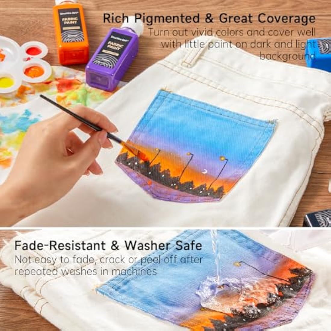 Shuttle Art Fabric Paint Permanent for Clothes, 18 Colours Fabric Paints in Bottles (60ml/2oz) with Brushes, Palette, Stencils, Non-Toxic Textile Paints for T-Shirt, Shoes, Bag, Jeans, No Heating Need