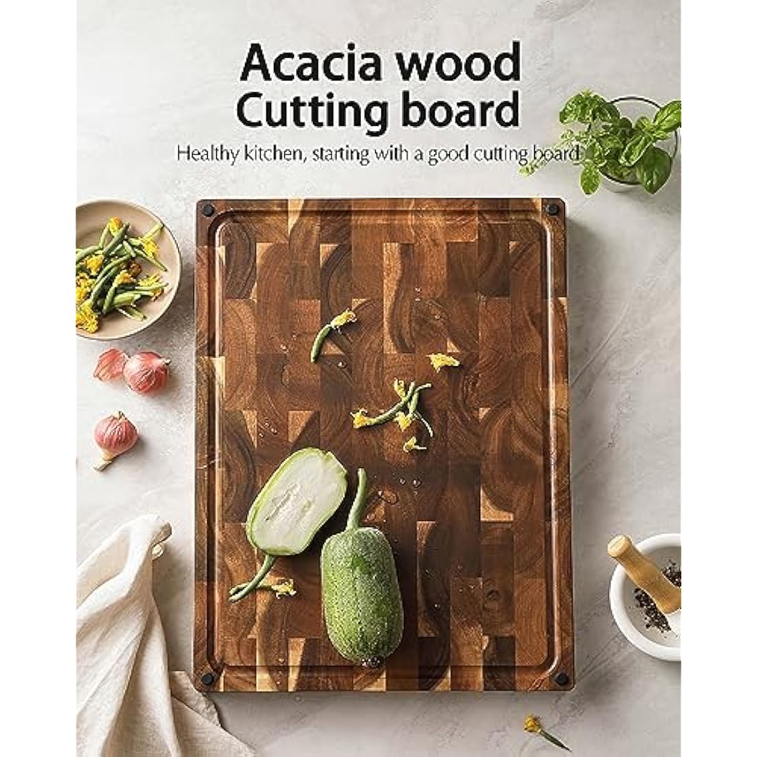 XINZUO Large Thick End Grain Acacia Wood Cutting Board- (19''L x 14''W x 1.5''T) Reversible Wooden Chopping Board with Non-Slip Feet, Built-in Handles and Juice Groove- Butcher Block Cutting Board