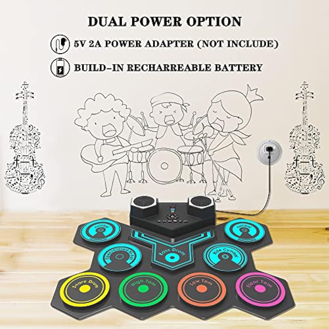 Portable Electric Drum Kit, CNAPXAIA Foldable Kids Drum Pad with Build-in Stereo Speakers, Foot Pedals, Drum Sticks, 9 Pads Silicone Electronic Drum Set for Kids Adult Beginner RAINBOW