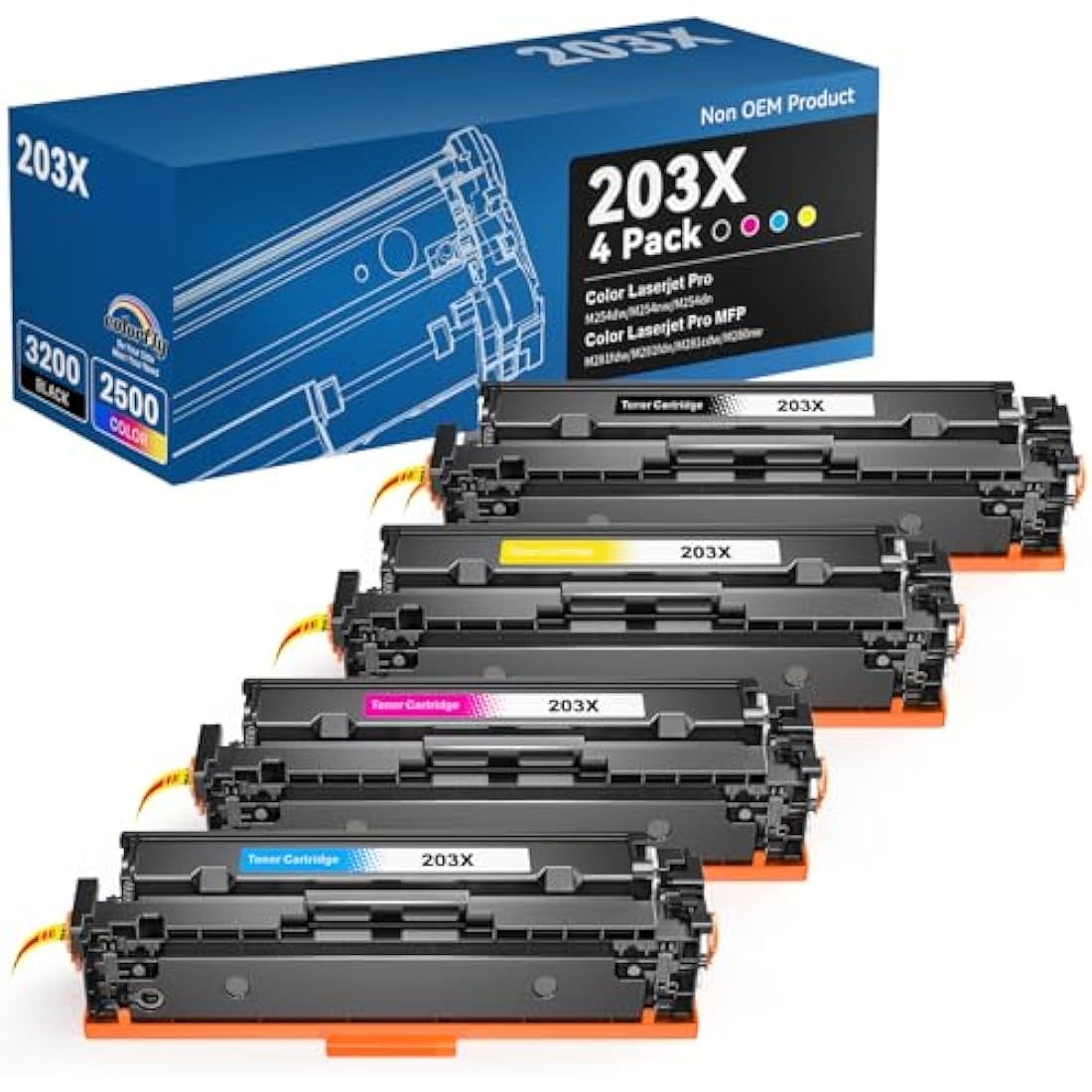colorfly 203X CF540X Toner Cartridge Compatible for HP 203X 203A CF540X CF541X CF542X CF543X as Replacement with Color Laserjet Pro M254dw/M254nw/M254dn MFP M281fdw/M281fdn/M281cdw/M280nw (4 Pack)