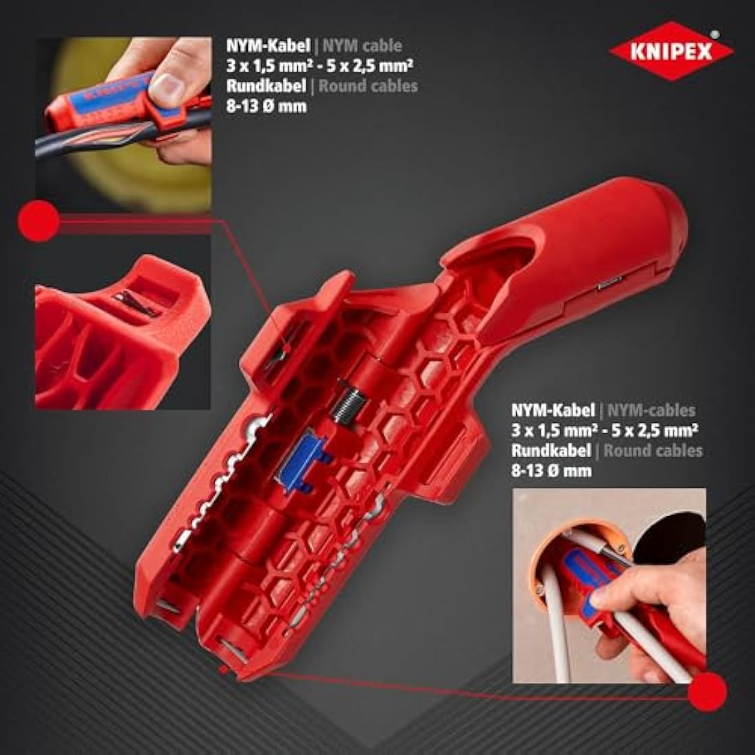 KNIPEX Ergostrip Universal Stripping Tool for Right-Handers, 135 mm, Round Cable, Coax Cables, Data Cables, Wire Stripper, 16 95 01 SB