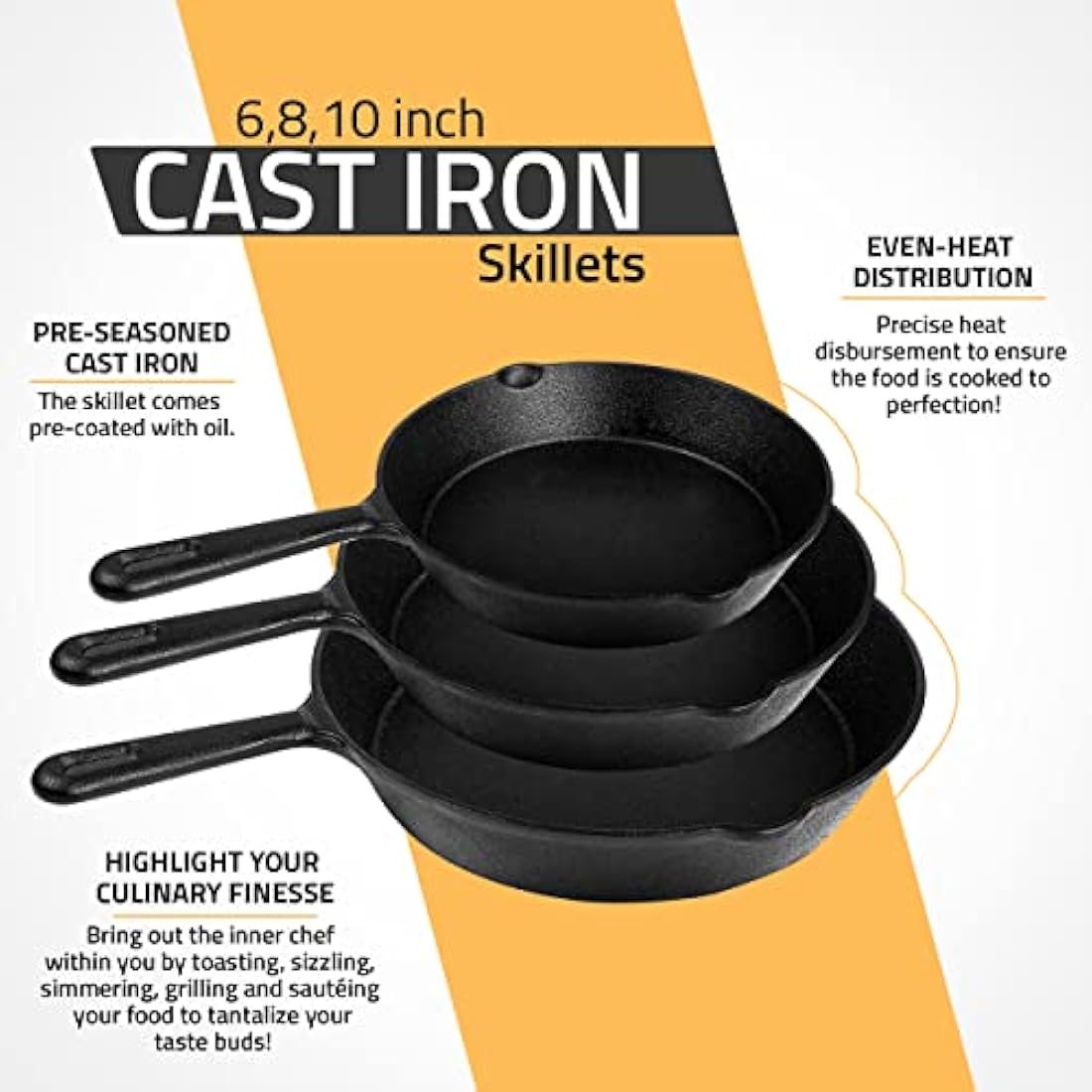 KICHLY Set of 3 Preseason Cast Iron Skillets, Cast Iron Induction Frying Pan Set with 6 Inch, 8 Inch and 10 Inch Sauté Fry Pans, Black