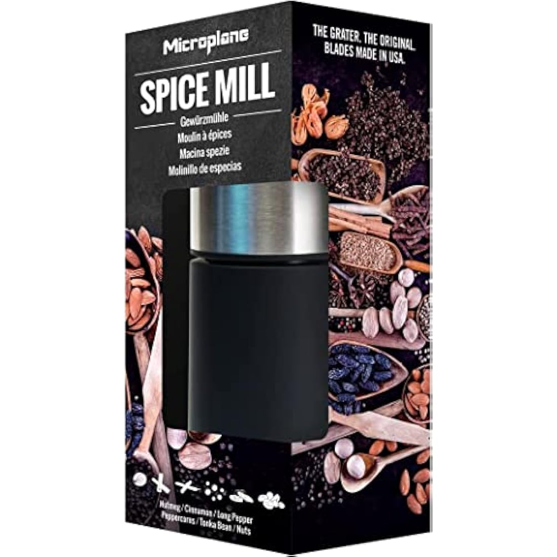 Microplane Spice Mill Stainless steel for Nutmeg Cinnamon Tonka beans,5 x 5 x 13.6 cm