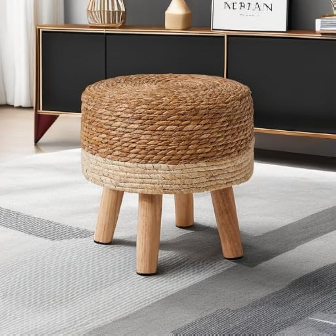 YMYNY Footstool Natural Seagrass Hand Weave, Pastoral Style Footrest, Padded Foot Rest with Non-Skid Pine Legs, Wooden Sofa Stools, for Living Room, Bedroom, 32×32×32CM, Beige HBD027W