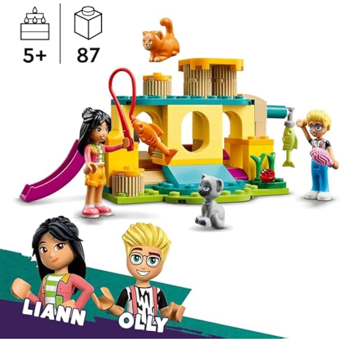LEGO Friends Cat Playground Adventure, Animal Toy with Figures and Pet Accessories Including a Fish, Gift for 5 Plus Year Old Girls, Boys & Kids, Includes Mini-Doll Characters Olly and Liann 42612
