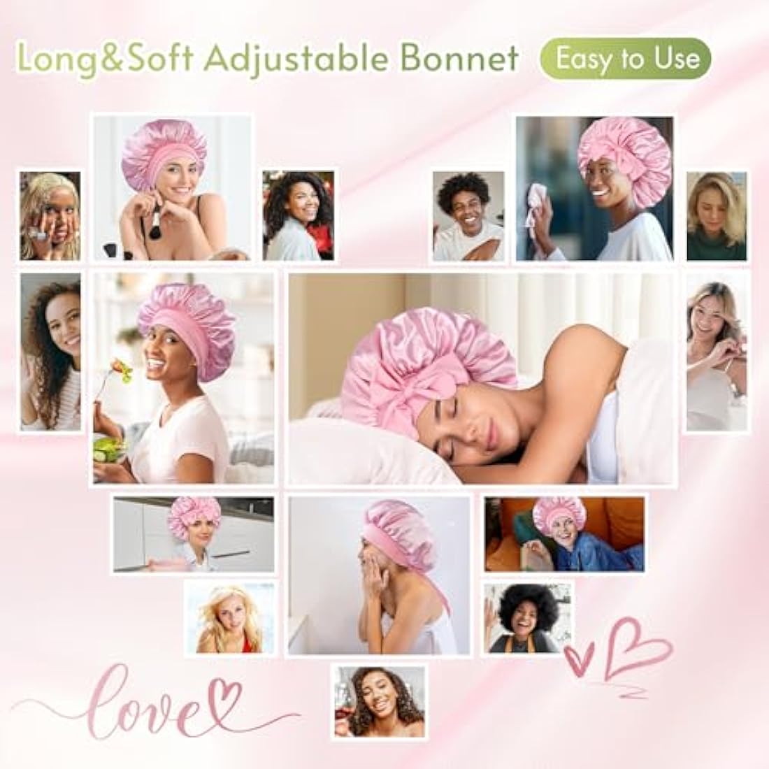 BONNET QUEEN Silk Bonnet for Sleeping for Curly Hair, Satin Bonnet Hair Wrap for Women & Men, Adjustable Silk Scarf Night Cap with Tie Band, Pink
