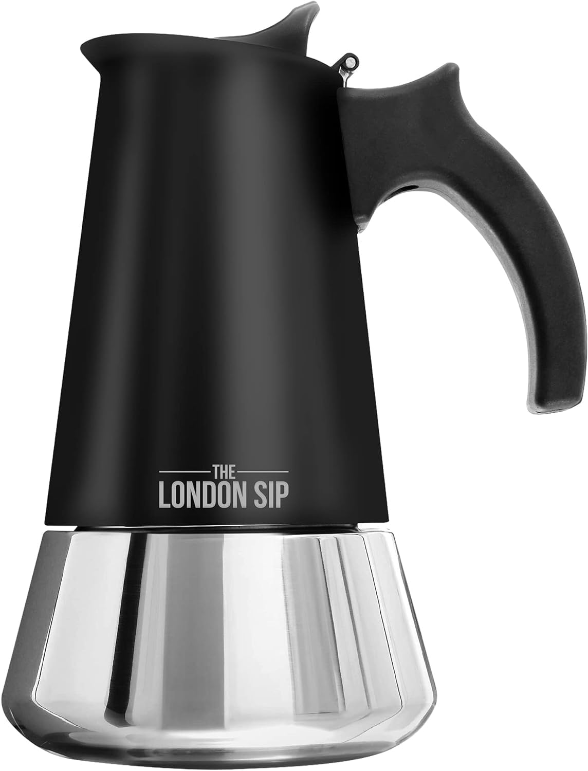 The London Sip Moka Pot, Stovetop Coffee Maker, Italian Style Espresso Maker, Stainless Steel, Induction Compatible, Modern Chrome, Black, 6 Cup (300
