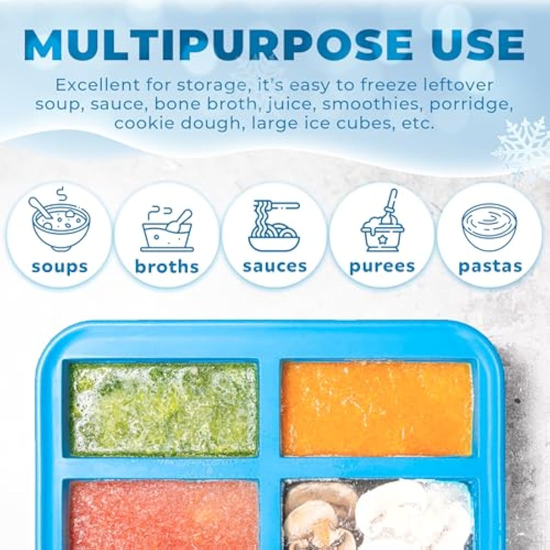 Ozwen 1-Cup Extra Large Silicone Soup Freezer Tray With Lid, Meal Prep with Soup Freezer Food Cubes Container, Baby Food Freezer and Storage Moulds for Sauce & Broth & Leftover (2-Pack, Blue)
