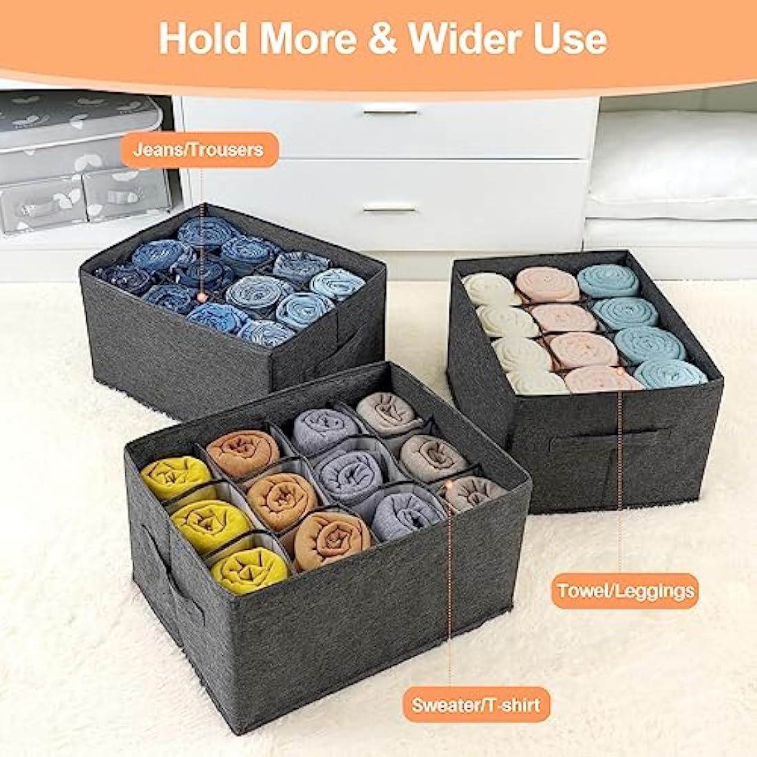 EASEVE 4 Pack Wardrobe Organiser Clothes Storage Boxes - 12 Cell Foldable Closet Shelf Drawer Dividers for Cupboard Organizer, Stackable Clothing Box for Jeans, Trouser, Pants, T-shirt, Sweater