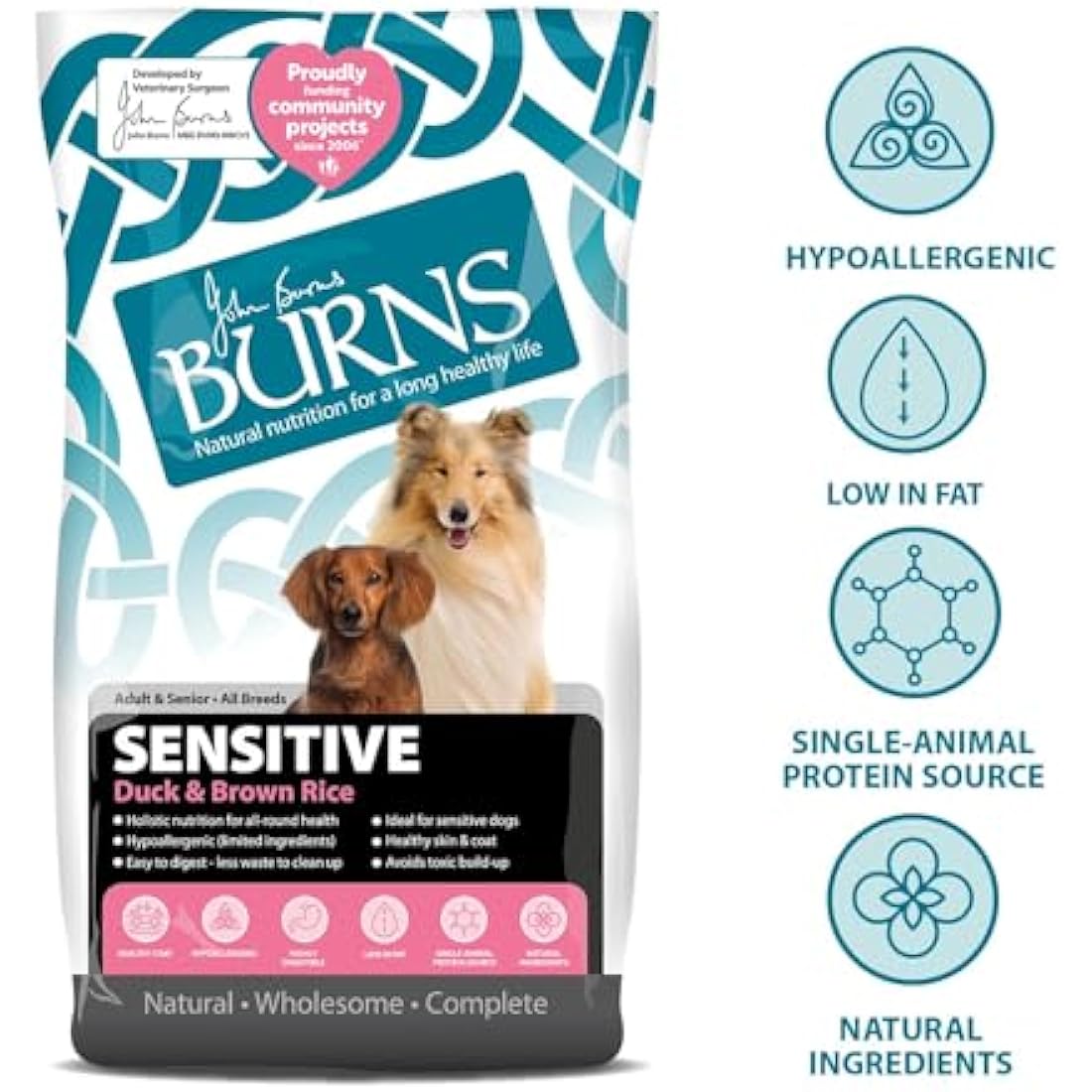 Burns Pet Nutrition Hypoallergenic Complete Dry Dog Food Adult and Senior Dog Sensitive with Duck and Brown Rice 12 kg