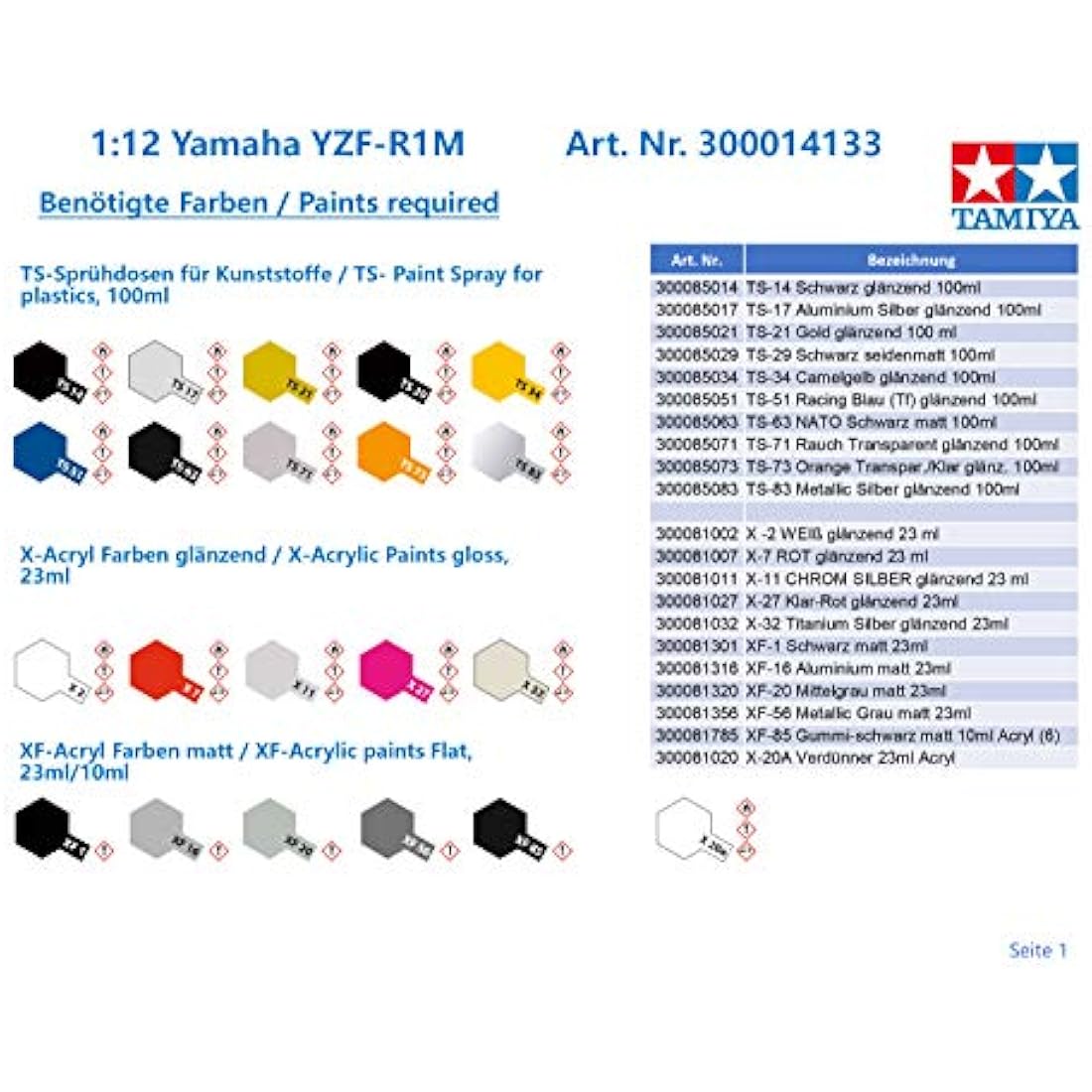 Tamiya TAM14133 300014133 Yamaha 14133 YZF-R1M Building 1:12 Scale High Fit Plastic Kit Model Motorcycle Assembly Unpainted, Unvarnished