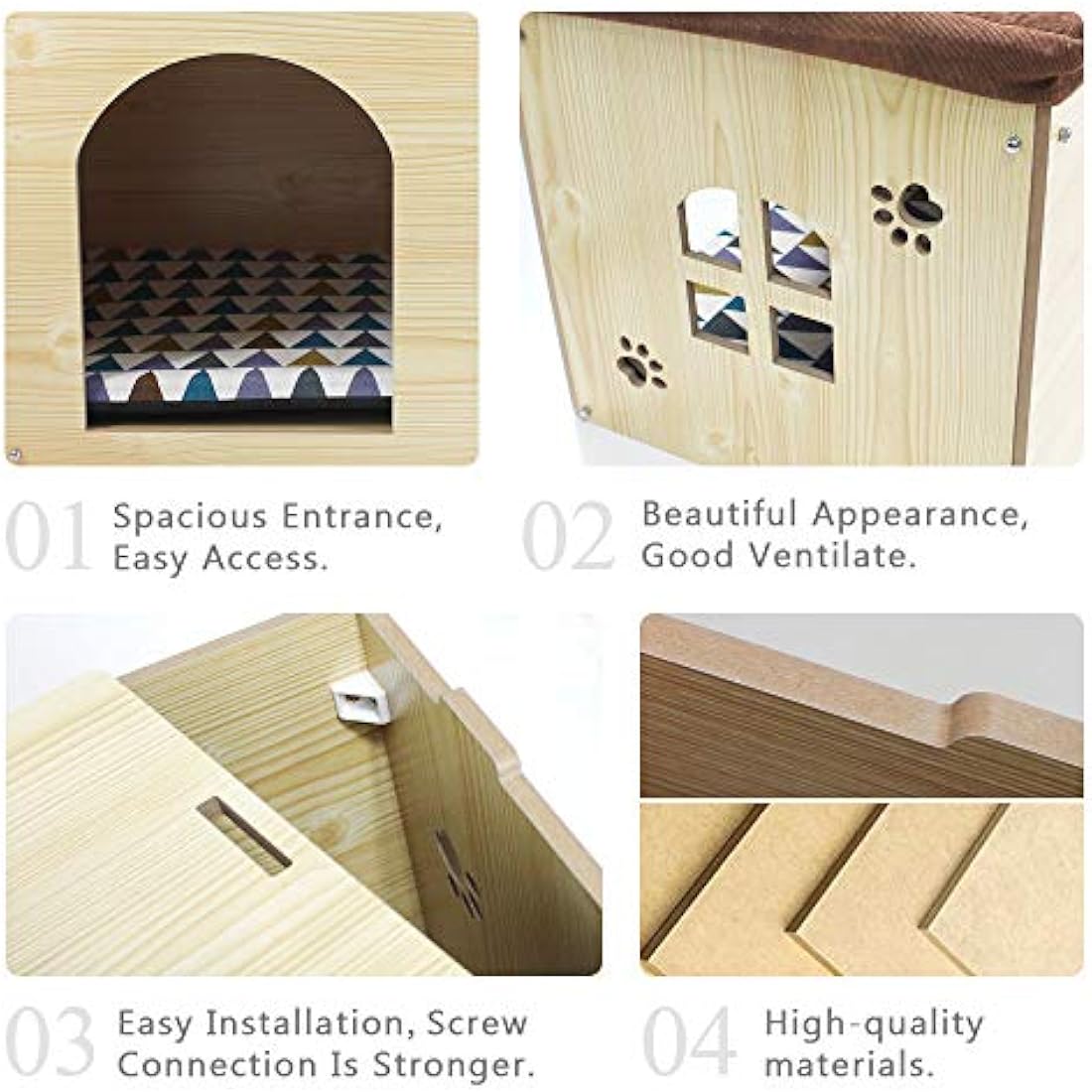 Cat Pet Bed House- Footstool Style Cat Cave Puppy Kennel, Foldable Pet House with Free Pet Cushion for Small Dogs Cats Rabbits Creative Wood Sitting Stool for Living Room Bedroom, Natural XL