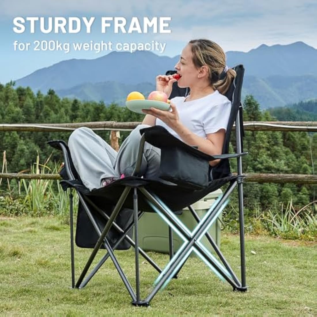 TIMBER RIDGE Camping Chairs for Adults Heavy Duty 200kg Oversized, Padded Folding Chair with Cup Holder and Cooler Bag Comfy for Outdoor Picnic Fishing Garden, Lightweight and Portable (Black- 2PCs)