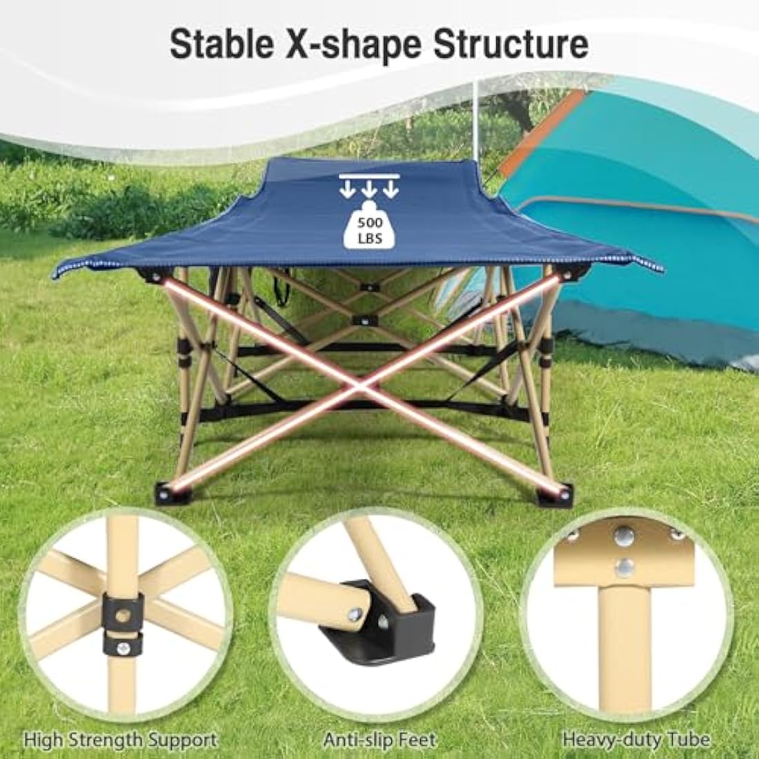 REDCAMP Folding Camping Beds for adults, Heavy Duty Sturdy Camp Bed with Mattress, Stronge Thicker Tubes Sleeping Cot Outdoor Travel Office (Navy Blue Camping Bed+Blue Mattress Thicker)