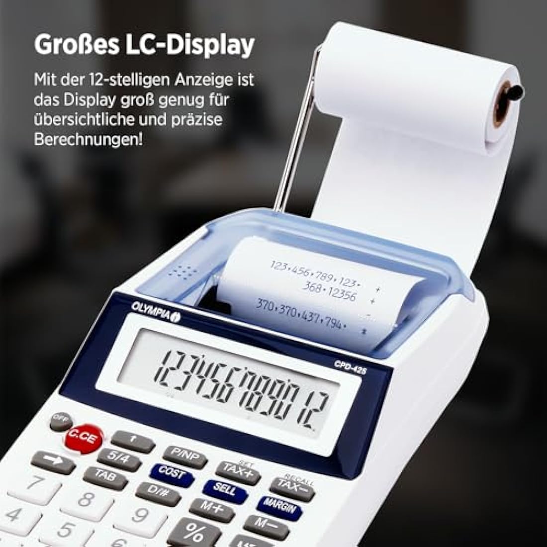 OLYMPIA Business Calculator with Paper Roll, 2.5 inches LCD Display, Blue, Desktop Format, Battery Powered, Ideal for Office and Home Use