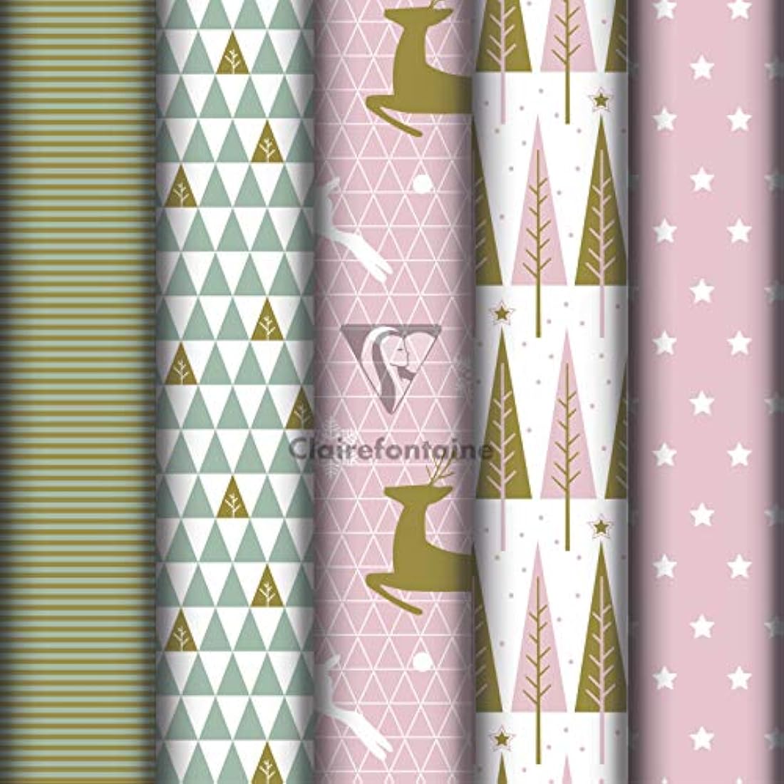 Clairefontaine 201965AMZC - A Box of 10 Rolls of Gift Wrapping Paper - Excellia 80g Paper - Dimensions: 5x0.70m - Pattern: Christmas, Pink, Gold, Fir Trees, Deer, Stars - Gift Wrapped