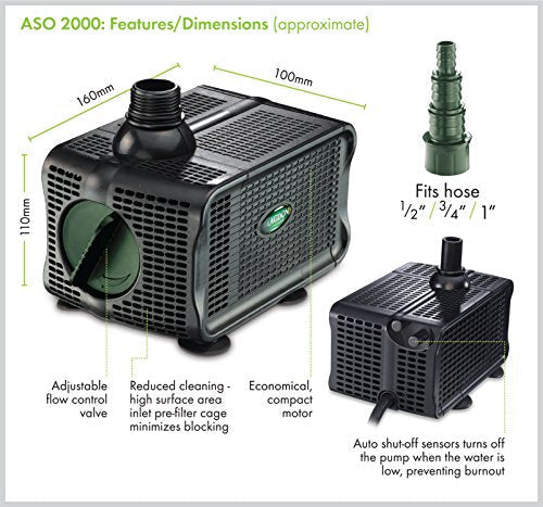 Blagdon Water Feature Pump with Auto Shut Off Sensor Prevents Burnout, Adjustable Flow Control, Reduced Cleaning, 3 Hose Fitting Adaptors, Pumps up to