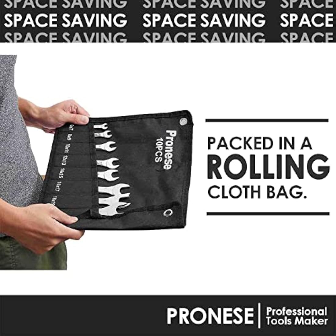 Pronese 10 Pack Super-Thin Open End Wrench Set,Carbon Steel with Mirror Polish,Metric,Including 6~27mm, Placed in A Rolling Pouch