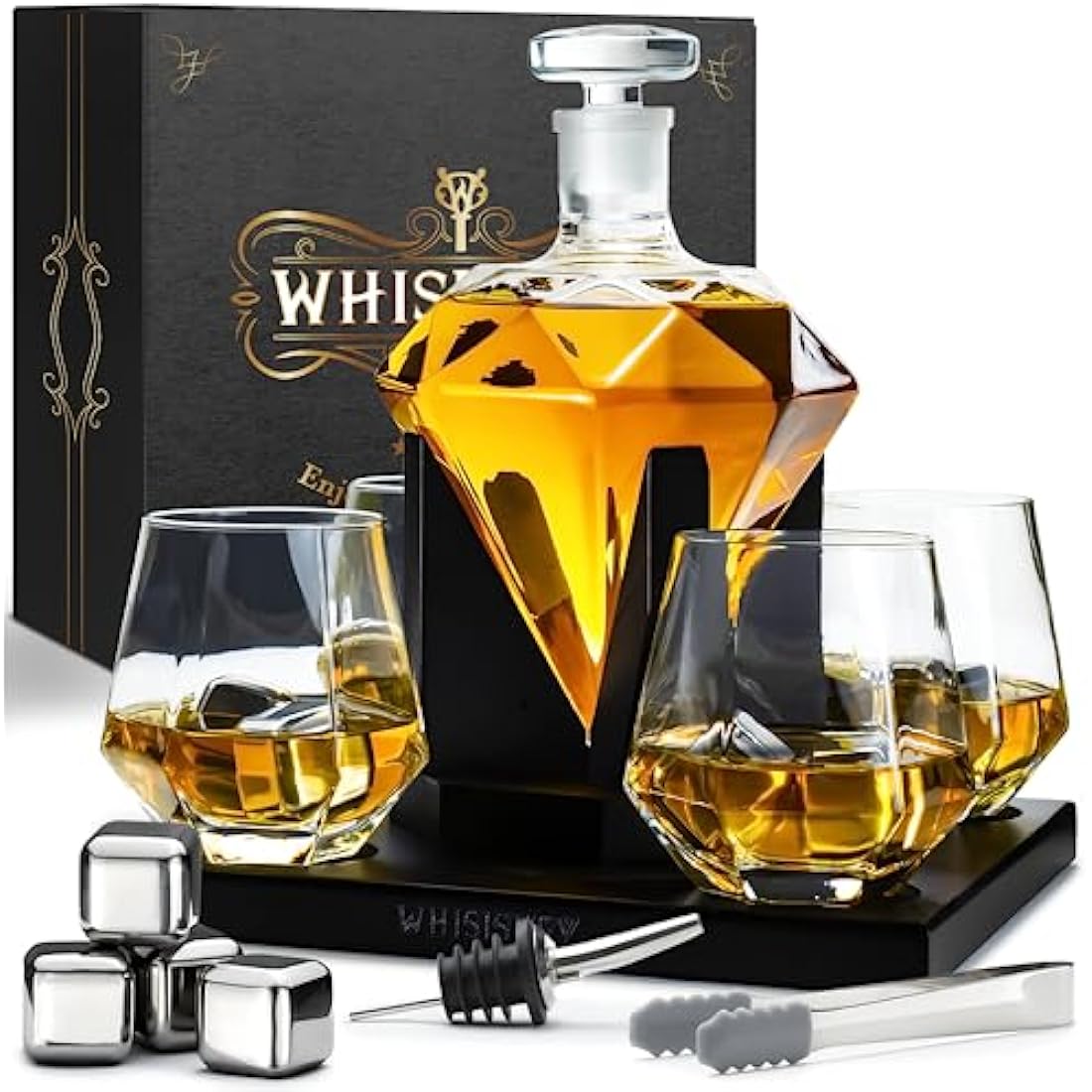 Whisiskey – Whiskey Decanter – Diamond - 1000 ml – Whiskey Carafe Set - Gifts for Men – Inc. 4 Whiskey Glasses – 4 Whiskey Stones – Spout – Glass Stopper and Pliers