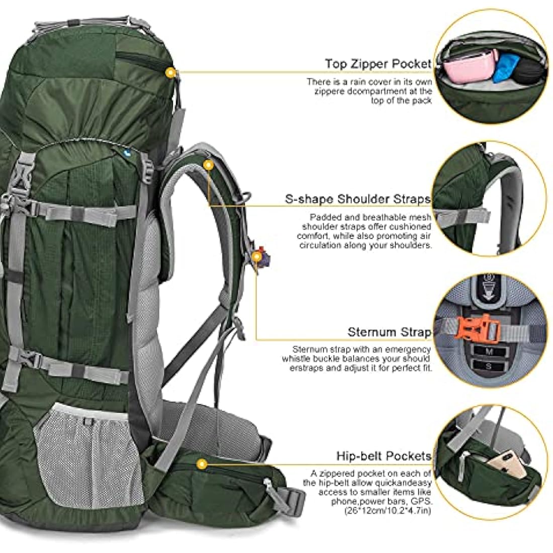 MOUNTAINTOP Hiking Backpack 80L Waterproof Mountaineering Backpack Large Camping Trekking Rucksack Multifunctional Climbing with Rain Cover
