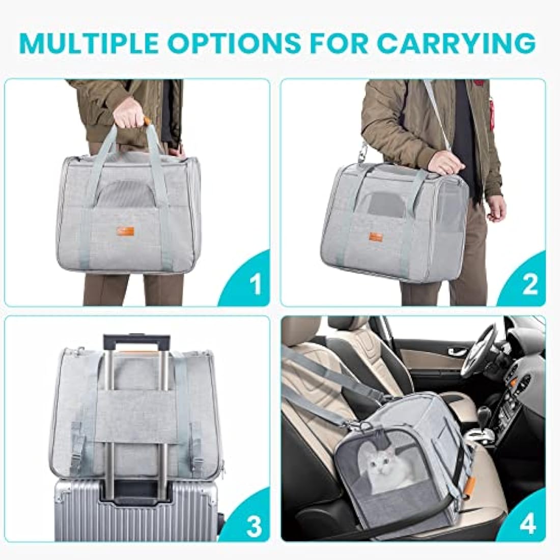 Morpilot Cat Carrier, Airline Approved Pet Carrier, Portable Dog Bag Carrier, Breathable Small Pet Carrier Travel Cage with Adjustable Shoulder Strap and Pet Bowl Light Grey