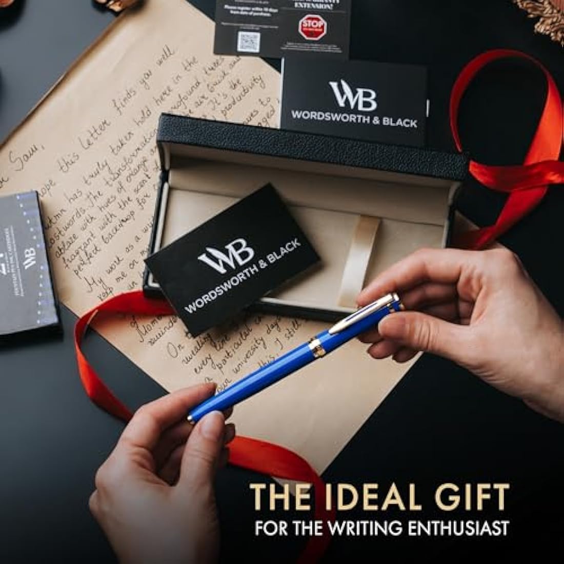 Wordsworth & Black Fountain Pen Set, 18K Gilded Extra Fine Nib, Includes 24 Pack Ink Cartridges, Ink Refill Converter & Gift Box, Gold Finish, Calligraphy, [Imperial Blue], Perfect for Men & Women