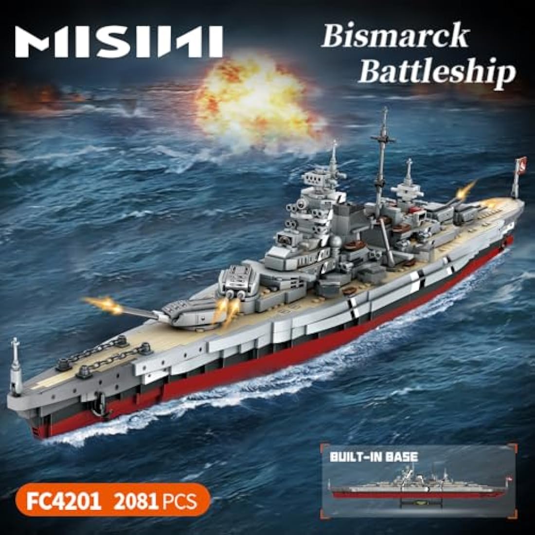 MISINI Technik FC4201 German Battleship Bismarck Clamping Blocks, 2081 PCS/MOC Large WWII German Military Warship Marine Battleship Model for Adults, Compatible with Major Brands