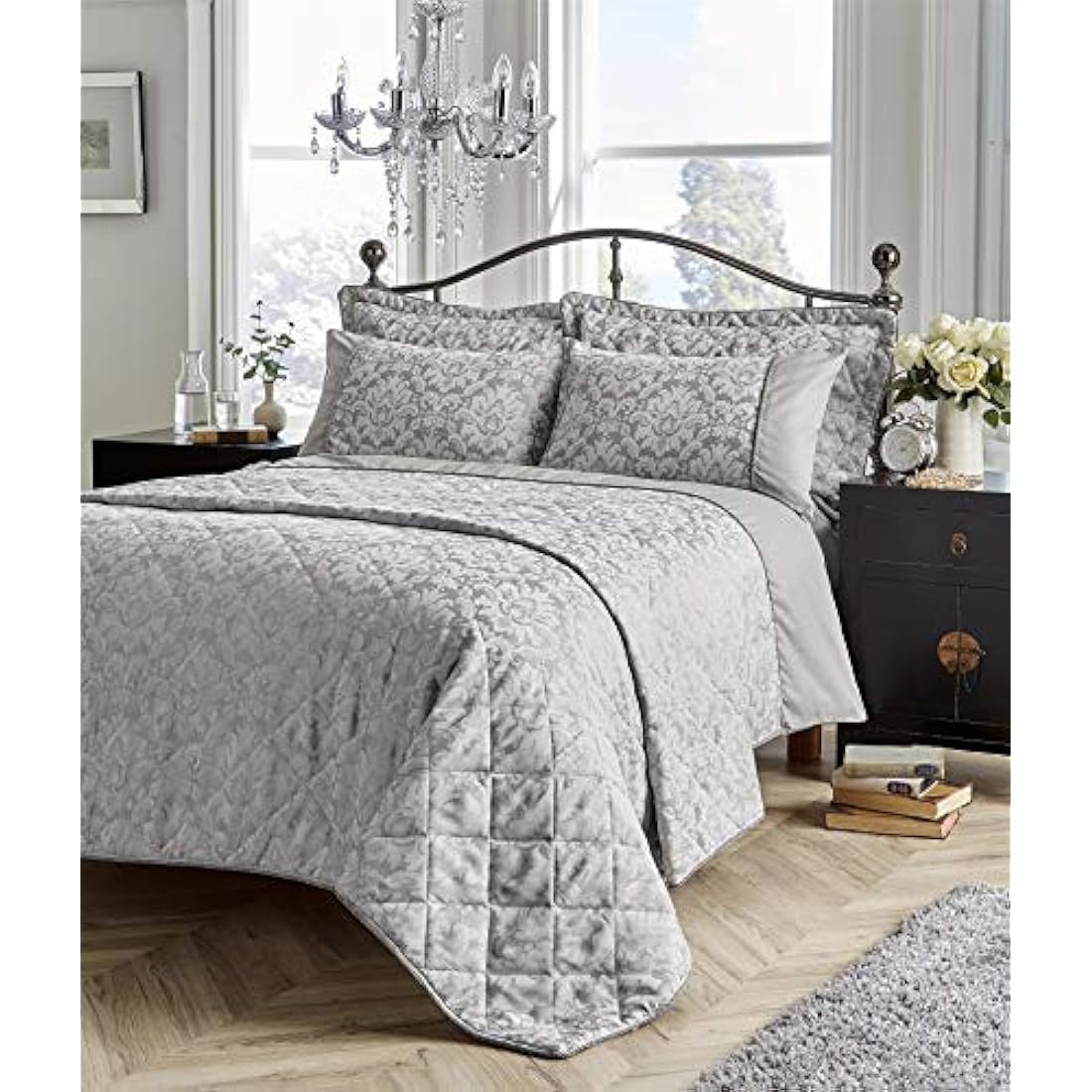 Olivia Rocco Savoy Jacquard Duvet Set Easy Care Double King Super King Size Quilt Covers & Pillowcases Bedding, King, Grey