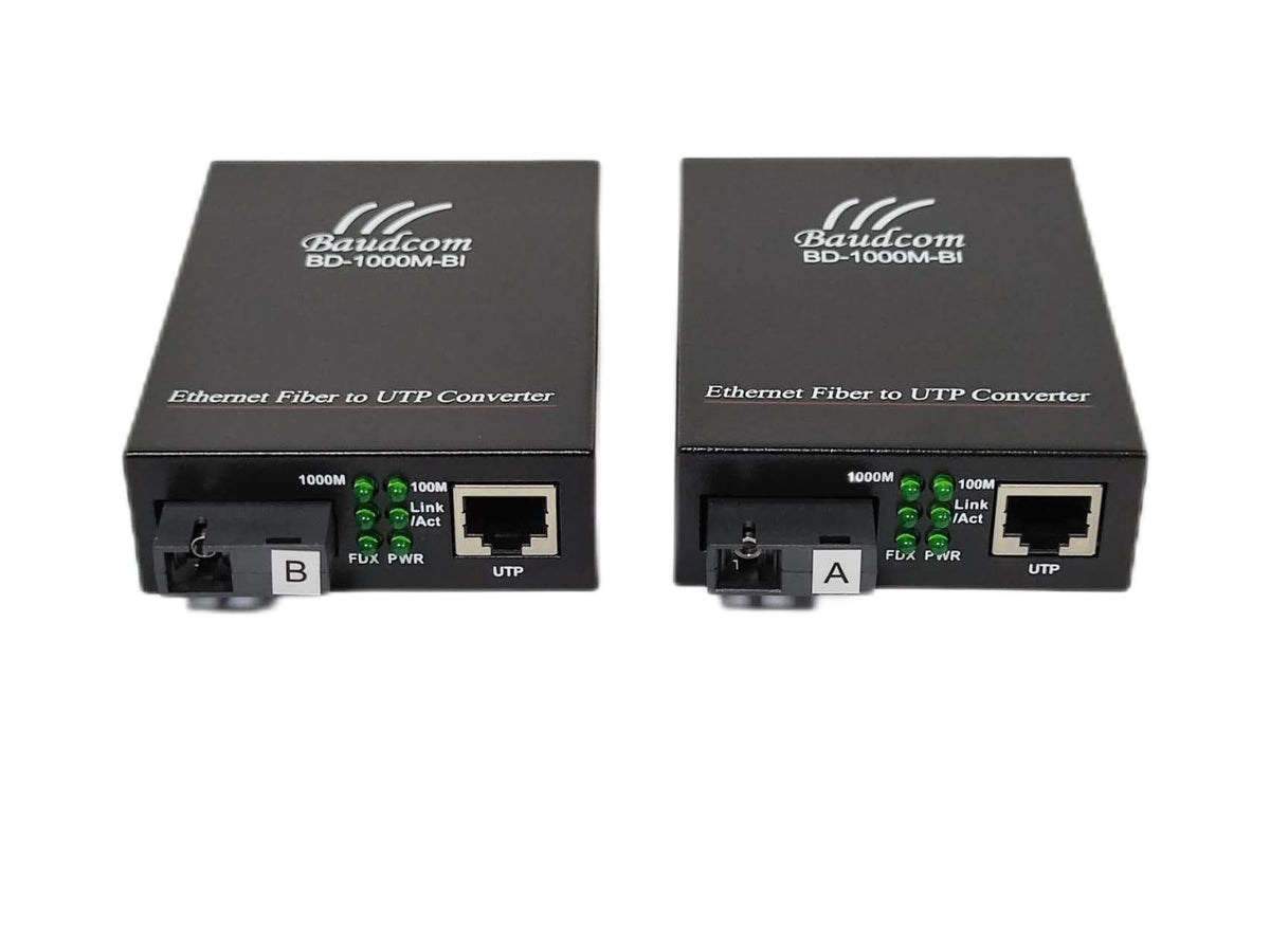 BAUDCOM Single Fiber Gigabit Single Mode Fiber Media Converter, 10/100/1000M, 1000Base-FX to 10/100/1000Base-T, Built-in Fiber Module, SMF,