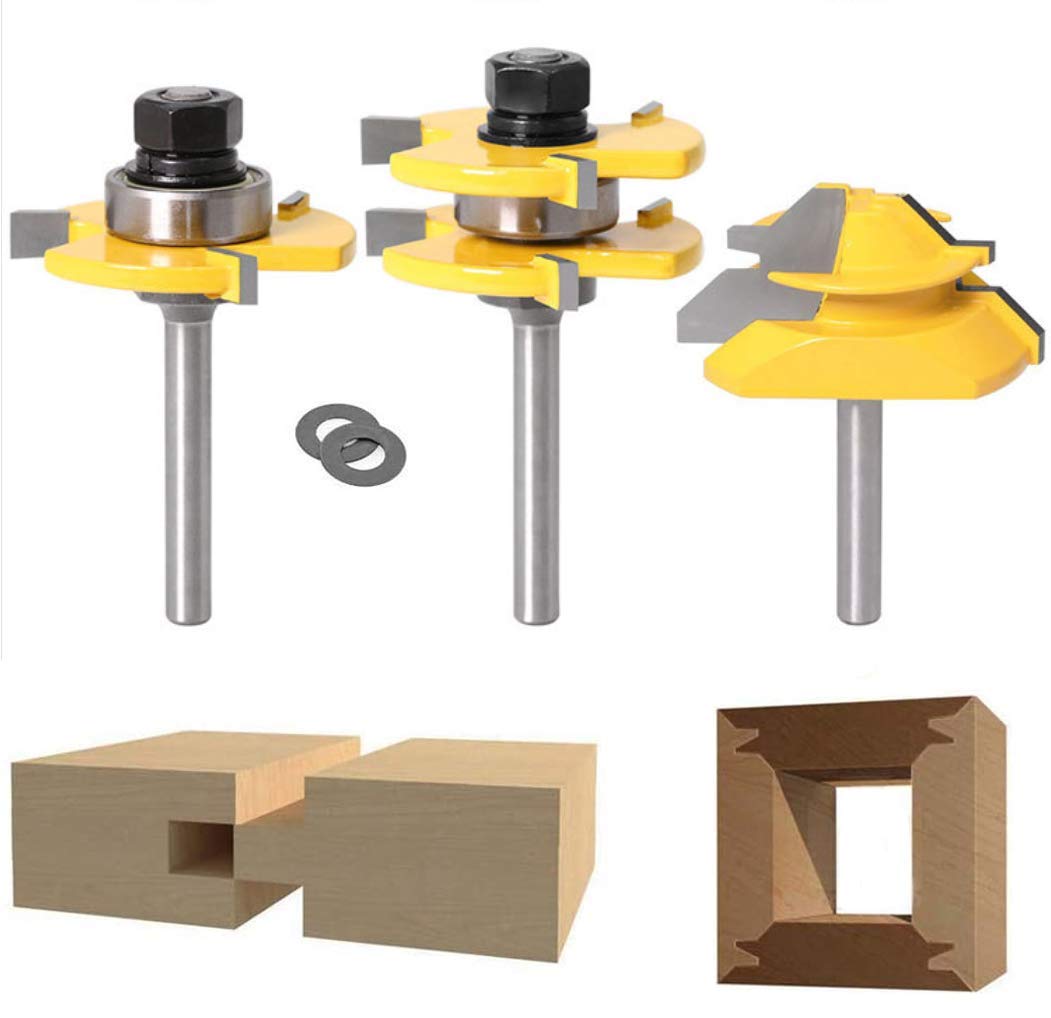 Lock Miter 45 Degree Joint Router Bits + 2Pcs Tongue and Groove Set [1/4-Inch], 45? Router Bit + Wood Milling Cutter Set 3 Teeth T Shape