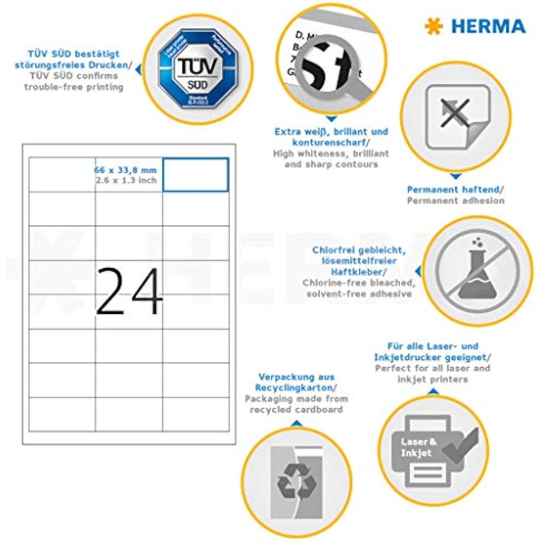 HERMA Self Adhesive Address Labels, 24 Labels per A4 Sheet, 200 Sheets, 66 x 33.8 mm, 4800 Labels, Blank Mailing Labels Stickers, Sticky Labels for Laser & Inkjet Printer, White